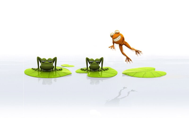 Three Frogs on Lily Pads — Green, Playful, 3d Render, Lily Pads, Pond