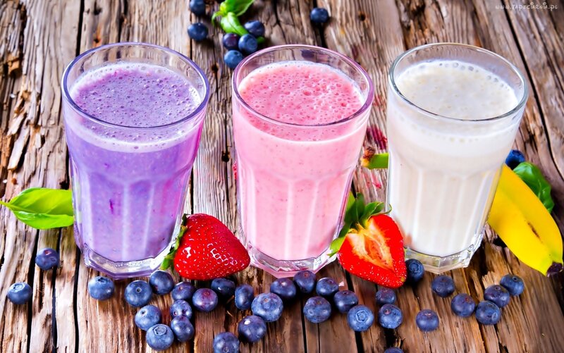 Three Fruit Smoothies — Purple, Fresh, Photograph
