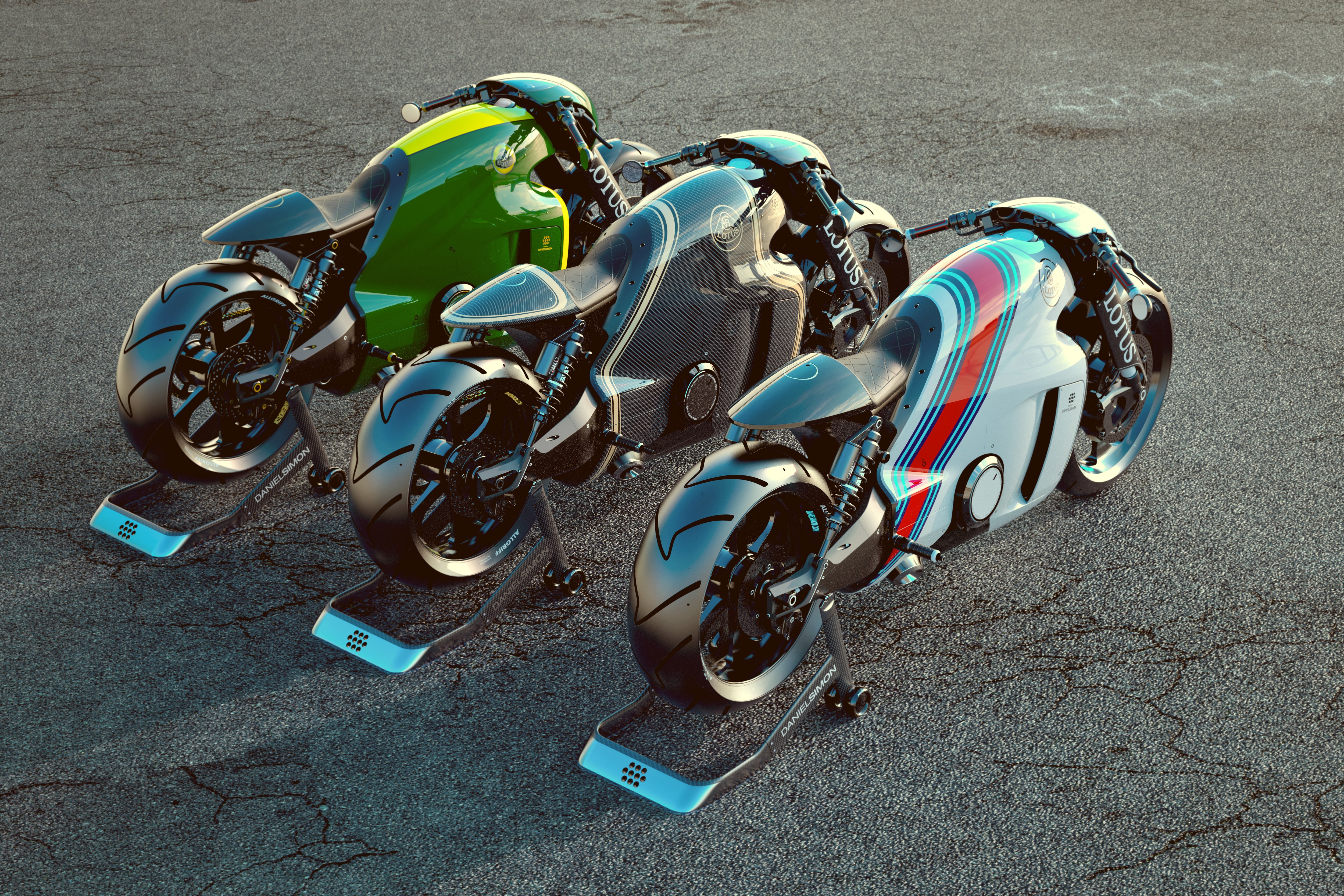 Three futuristic motorcycles on display