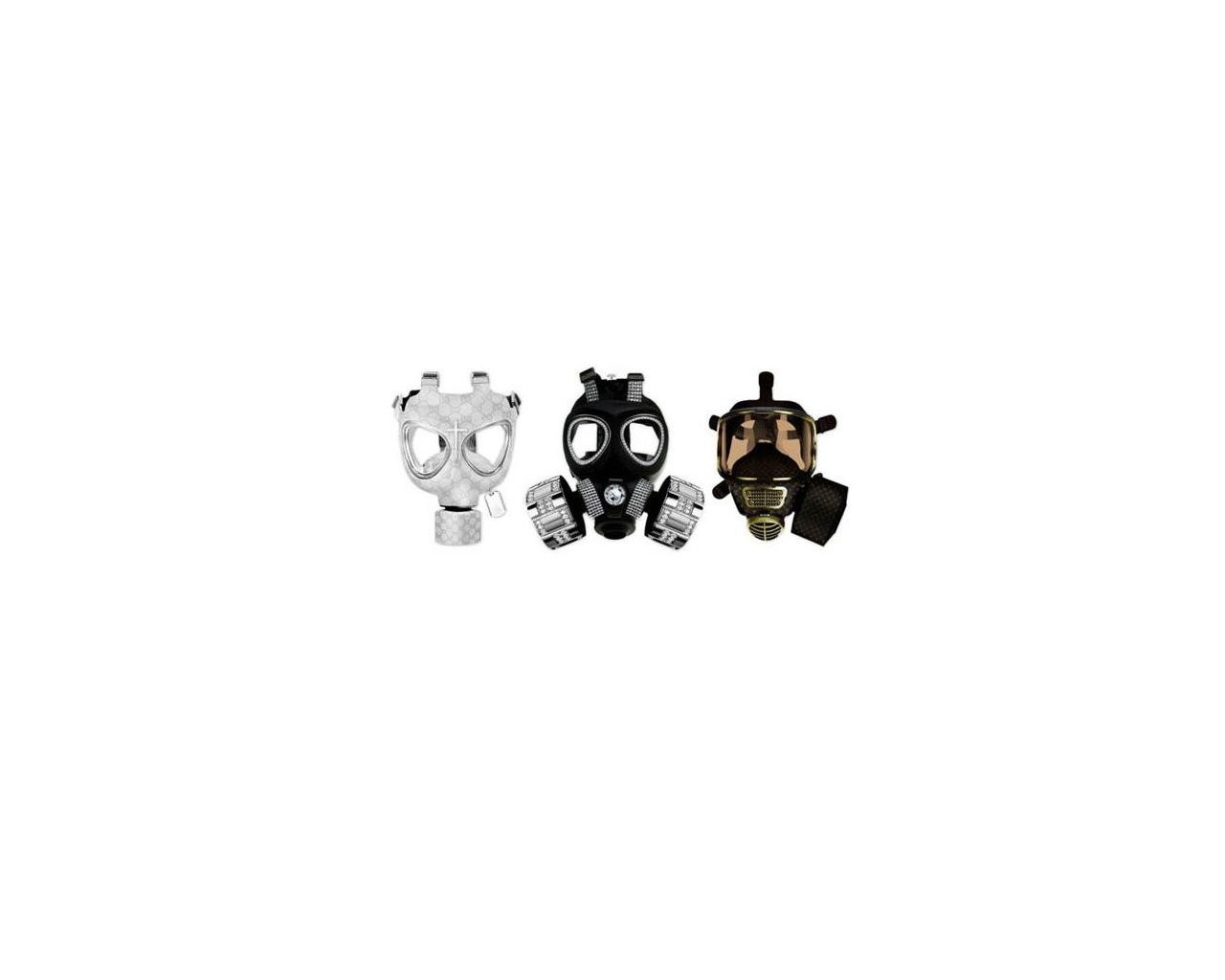 three gas masks in different colors