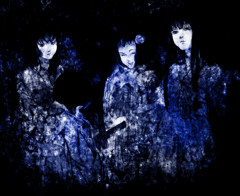 three ghostly figures in blue