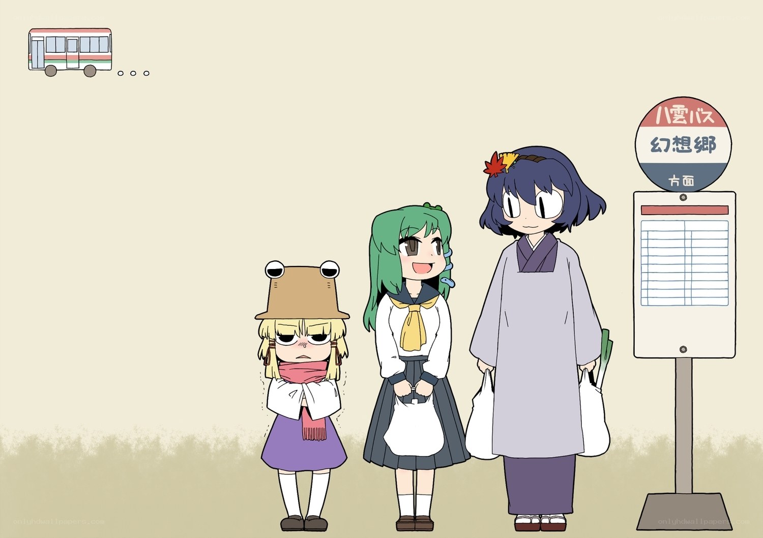 Three girls at a bus stop