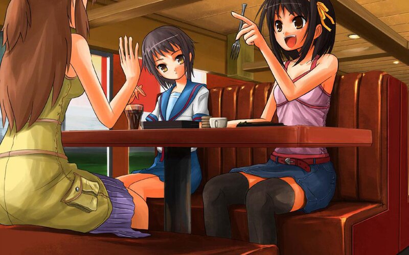 Three Girls at a Table — Brown, Lively