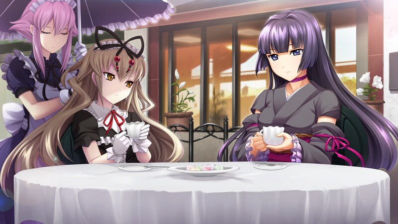 Three Girls at a Table — Purple