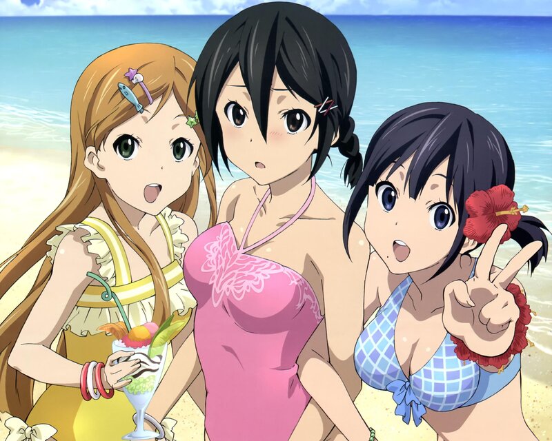 Three Girls at Beach — Blue, Cheerful, Summer, Anime