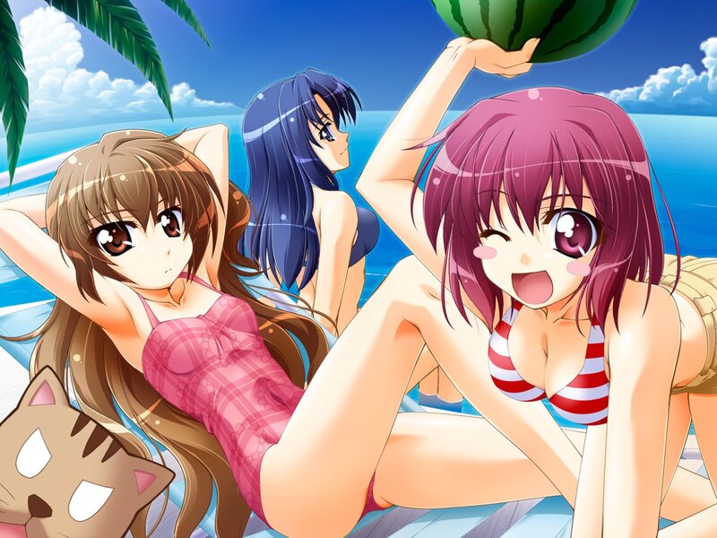 Three Girls at Beach — Blue, Cheerful, Summer