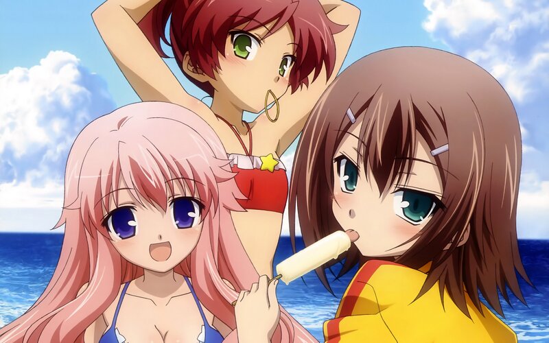 Three Girls at Beach — Blue, Cheerful