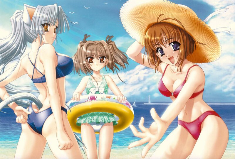 Three Girls at Beach — Blue, Playful, Afternoon