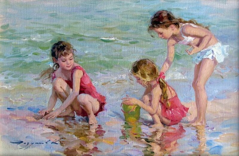 Three Girls at Beach — Blue, Playful