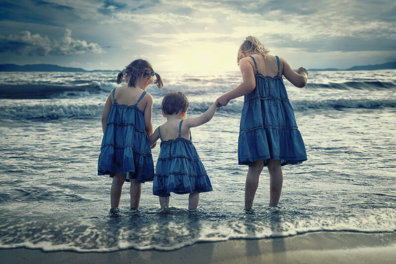 Three Girls at Beach — Blue, Serene, Sunset