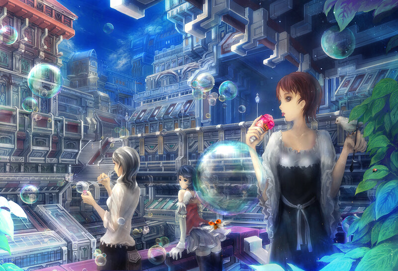 Three Girls Blowing Bubbles — Blue
