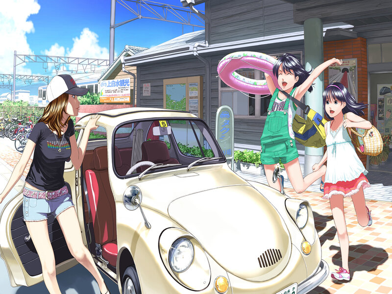 Three Girls by a Car