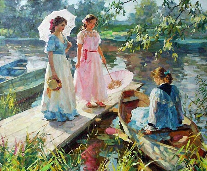 Three Girls by a Lake
