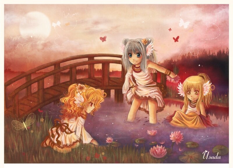 Three girls by a pond at dusk