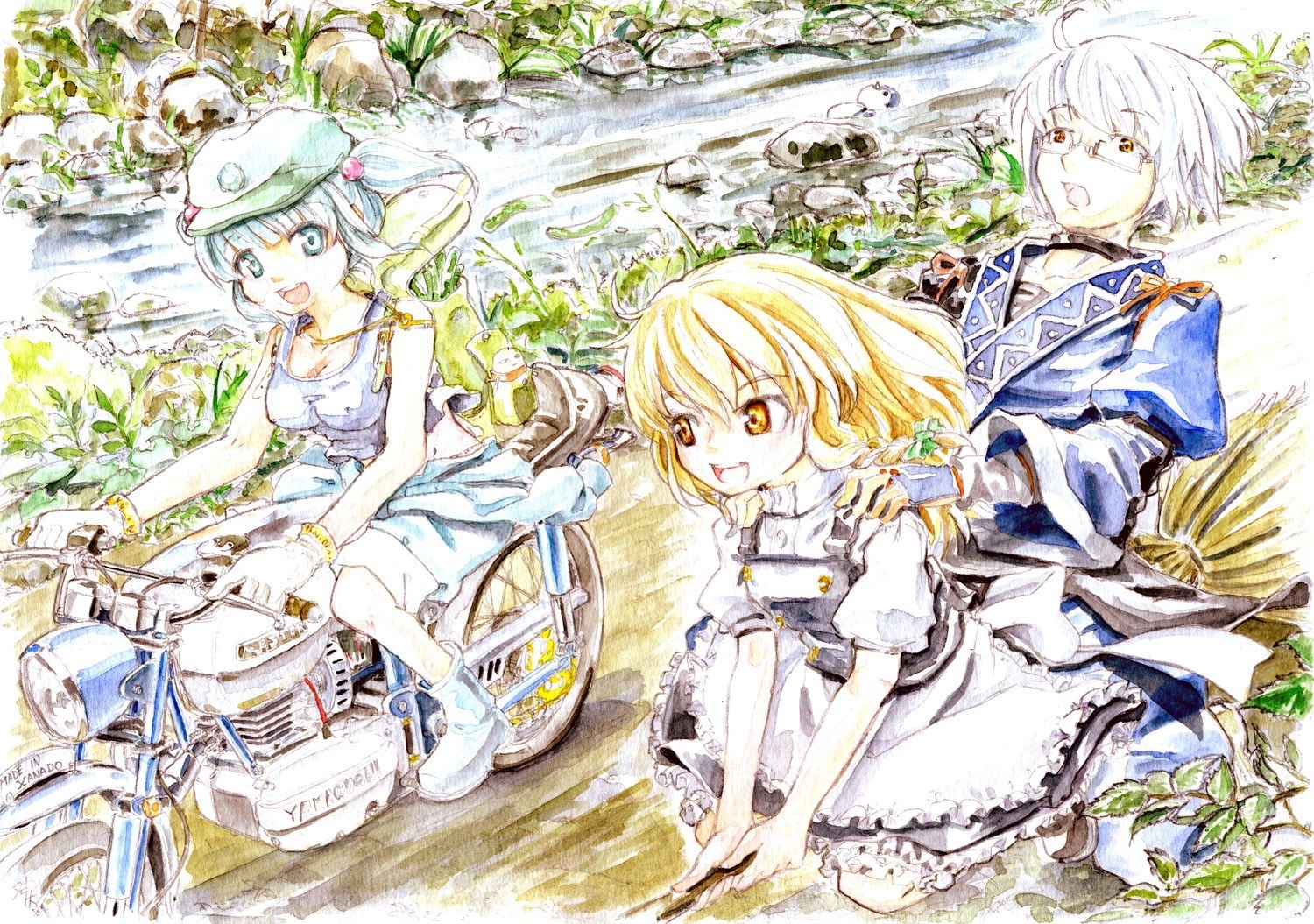 Three girls by a stream