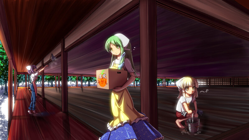 Three girls cleaning a wooden hall