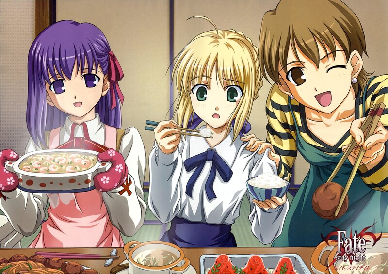Three Girls Eating Dinner — Purple, Happy, Anime, Chopsticks, Rice Bowl