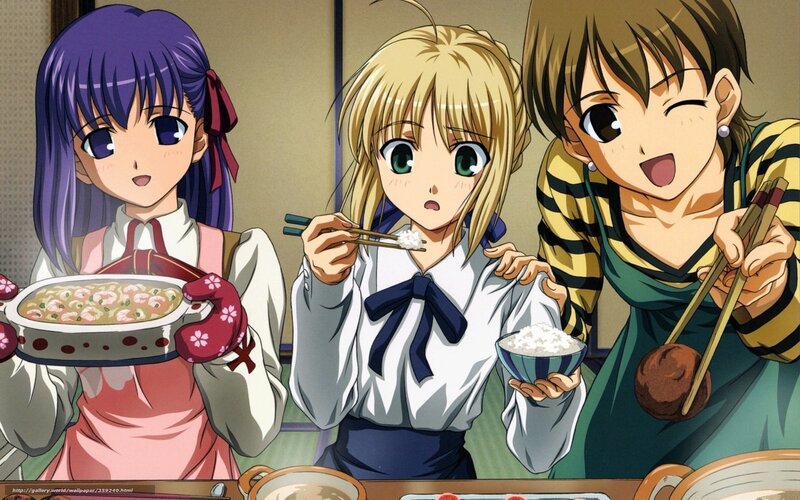 Three Girls Eating Dinner — Purple, Happy, Anime