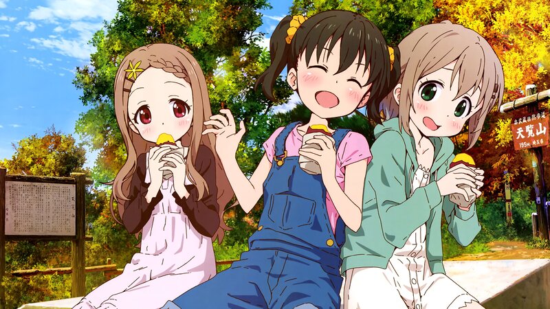 Three Girls Eating Snacks — Green, Cheerful