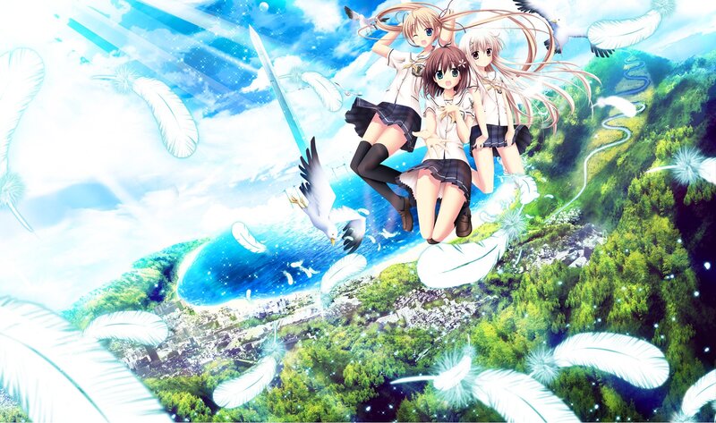 three girls floating above a coastal town