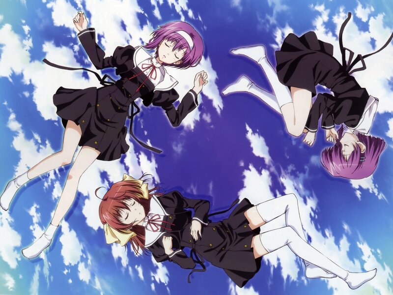 Three girls floating in the sky