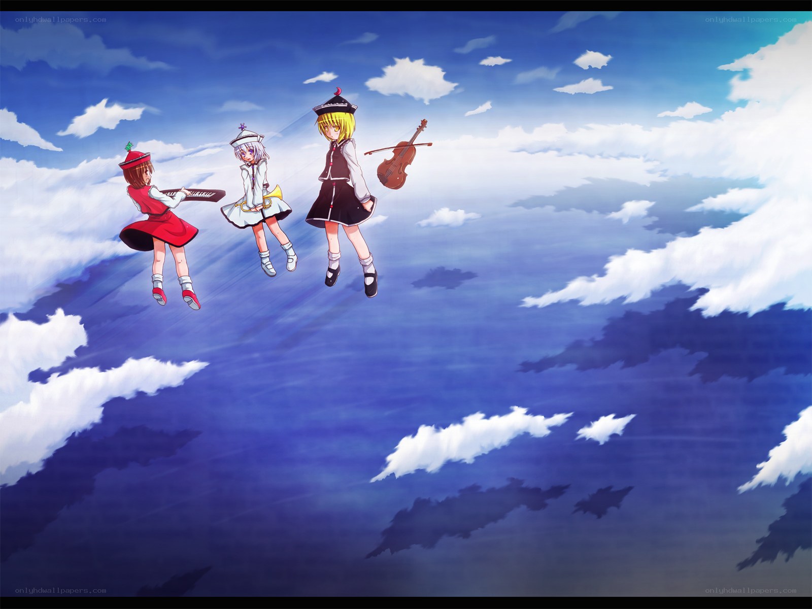 three girls floating in the sky