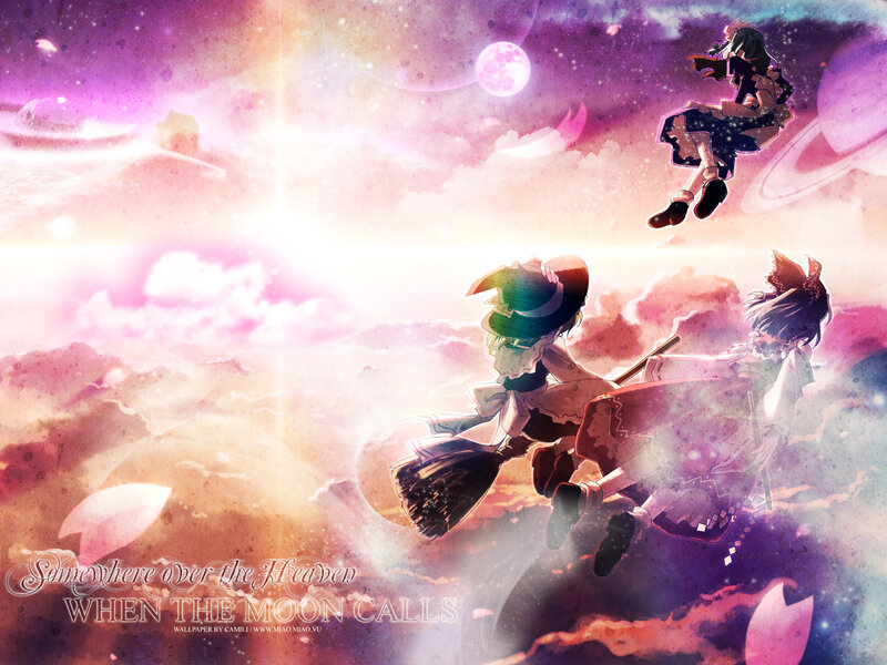 Three Girls Flying on Brooms