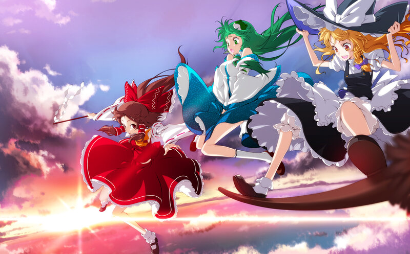 Three Girls Flying on Broomsticks