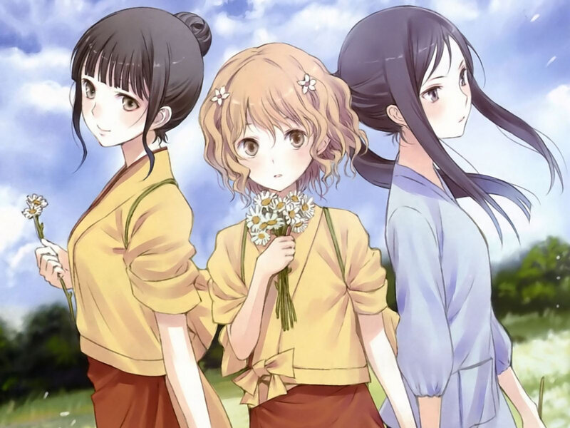 Three Girls Holding Flowers