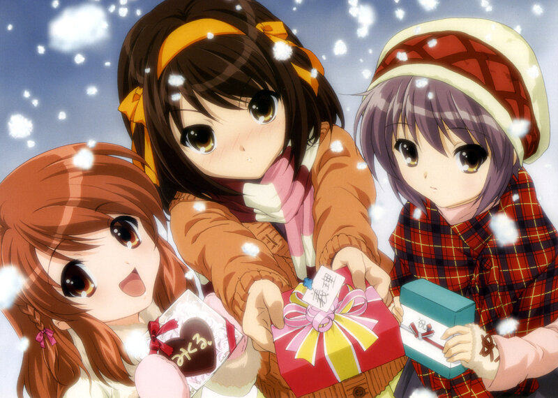 Three Girls Holding Gifts — Brown
