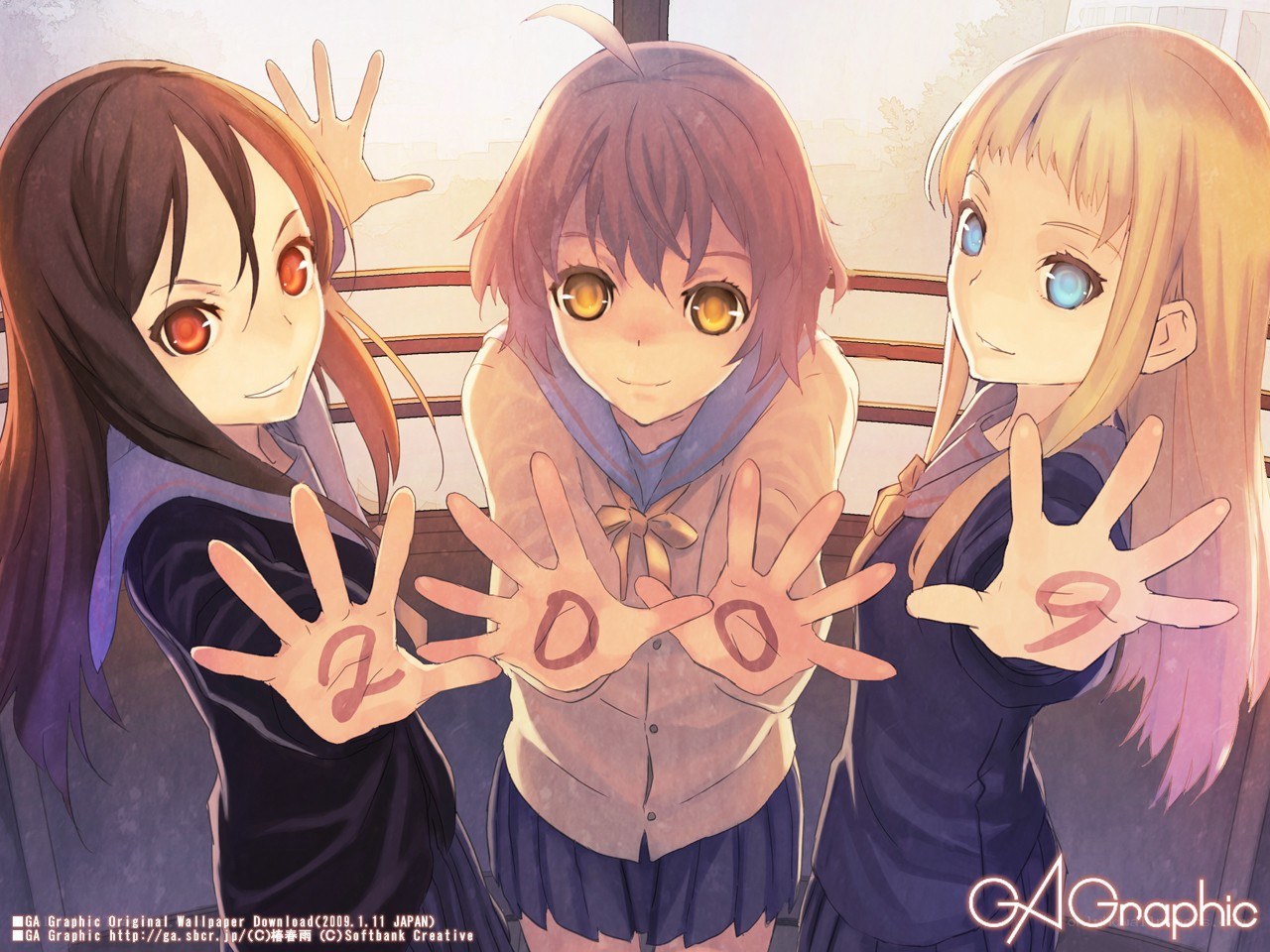 three girls holding up hands