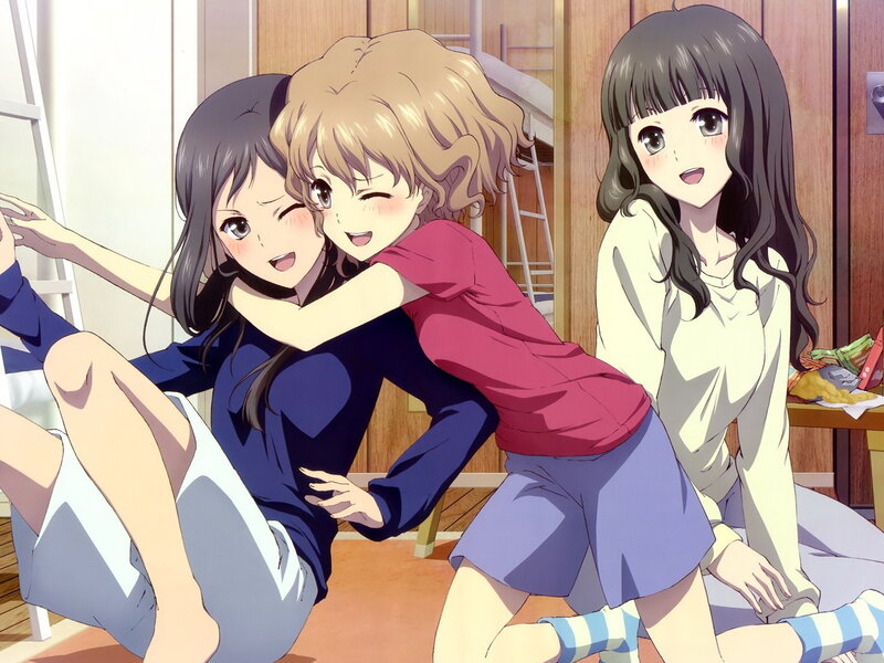 Three Girls Hugging — Blue
