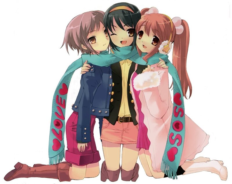 Three girls hugging with scarf