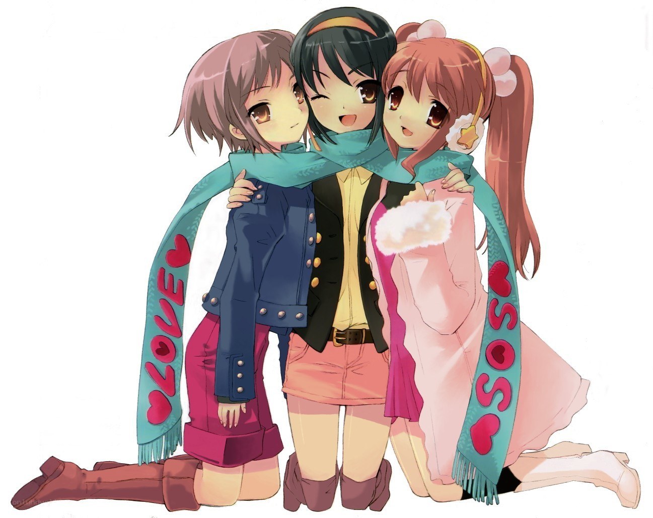 Three girls hugging with scarf