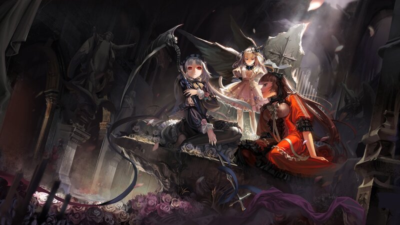Three Girls in a Cathedral — Purple, Dramatic, Night, Digital Art, Statues