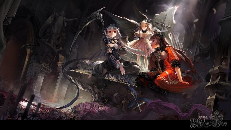 Three Girls in a Cathedral — Purple, Dramatic, Night, Digital Art, Wings, Flowers