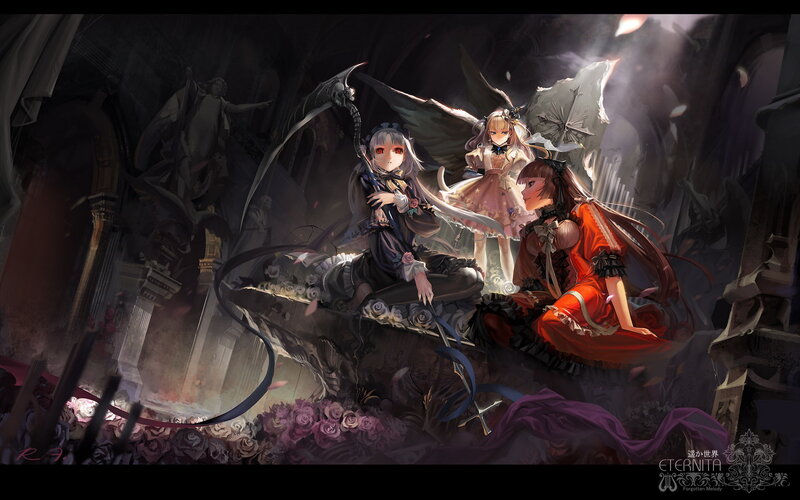 Three Girls in a Cathedral — Purple, Dramatic, Night