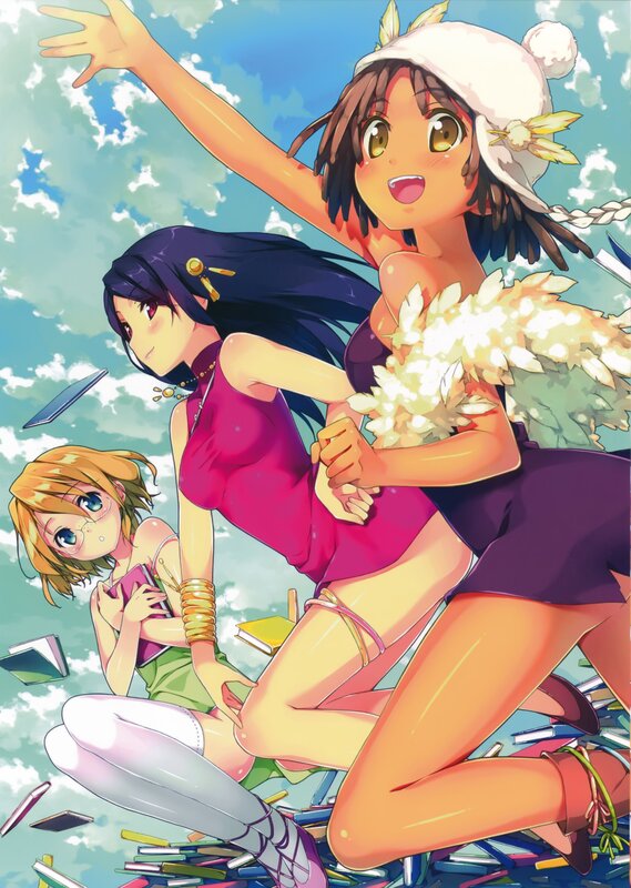 Three girls in a colorful scene