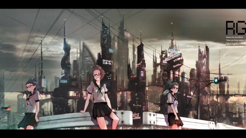 Three girls in a cyberpunk city