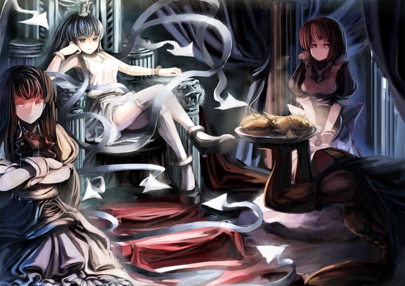 Three girls in a dark hall