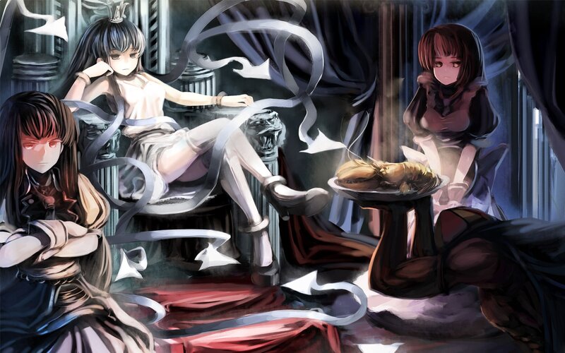 Three girls in a dark hall