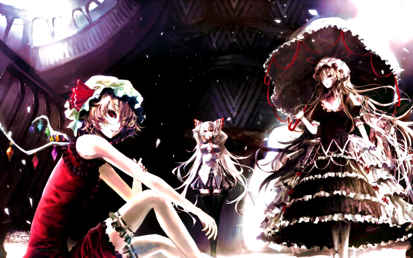 Three girls in a dark hall
