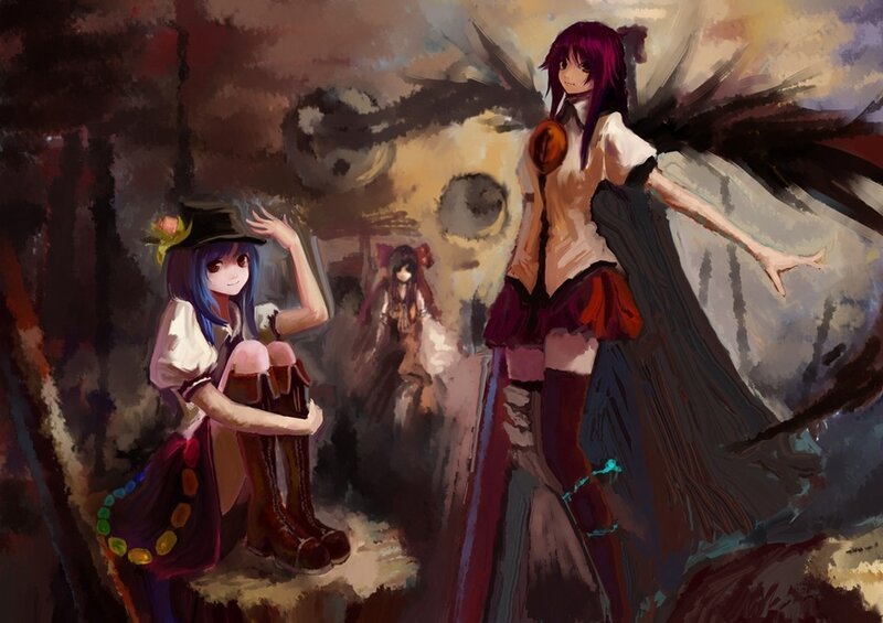 Three girls in a dark landscape
