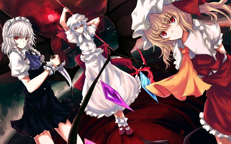 Three girls in a dark scene