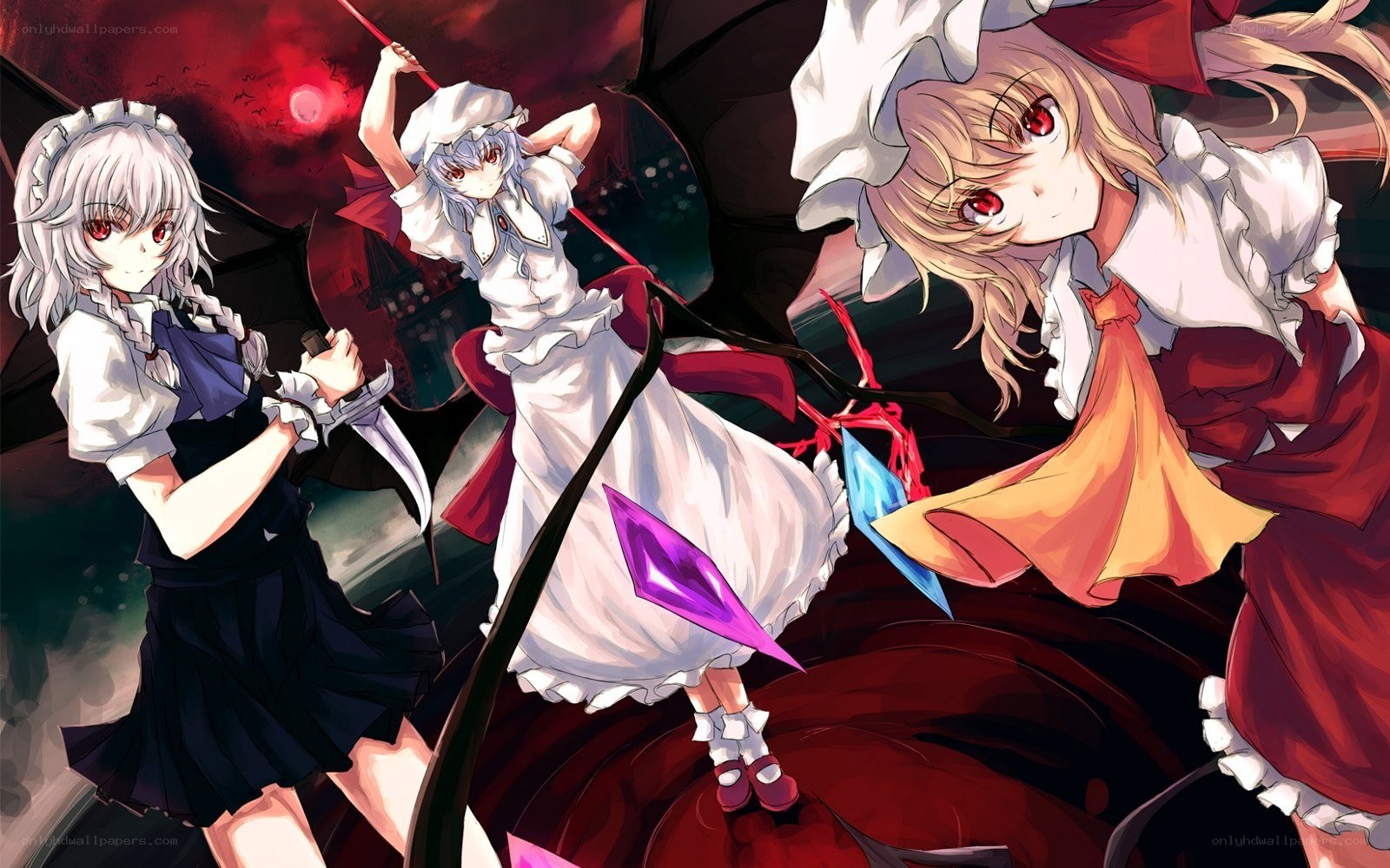Three girls in a dark scene