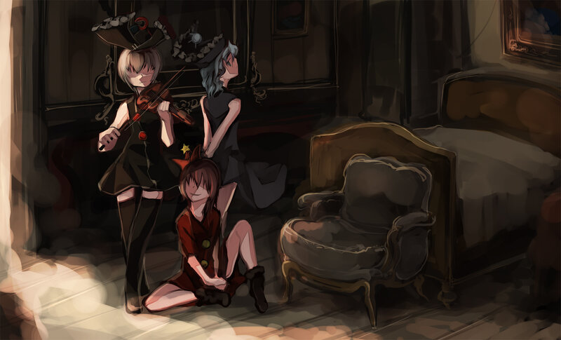 Three girls in a dimly lit room