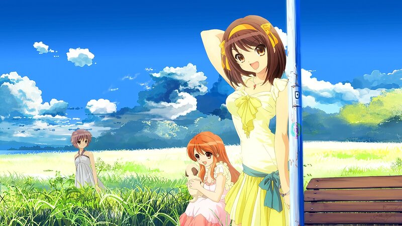 Three Girls in a Field — Blue, Serene, Afternoon, Anime, Bench