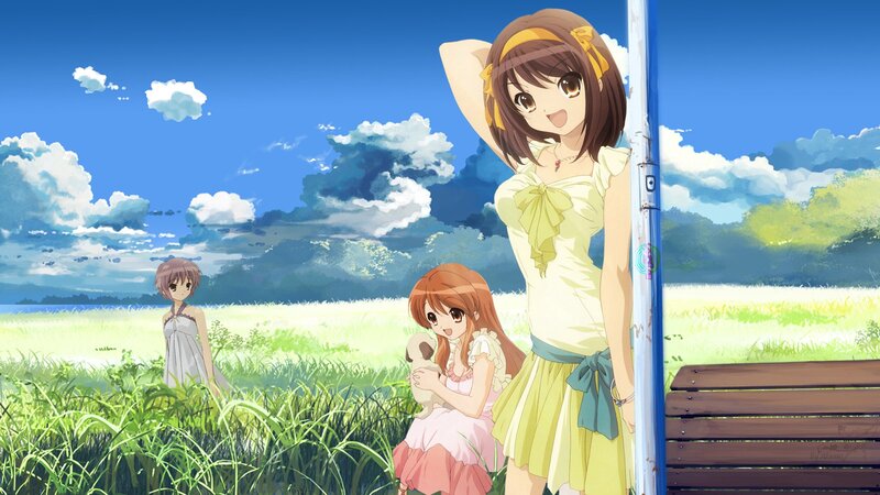 Three Girls in a Field — Blue, Serene, Afternoon, Anime, Dog