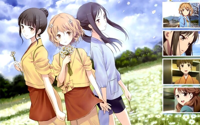 Three Girls in a Field — Blue, Serene, Afternoon, Anime, Flowers