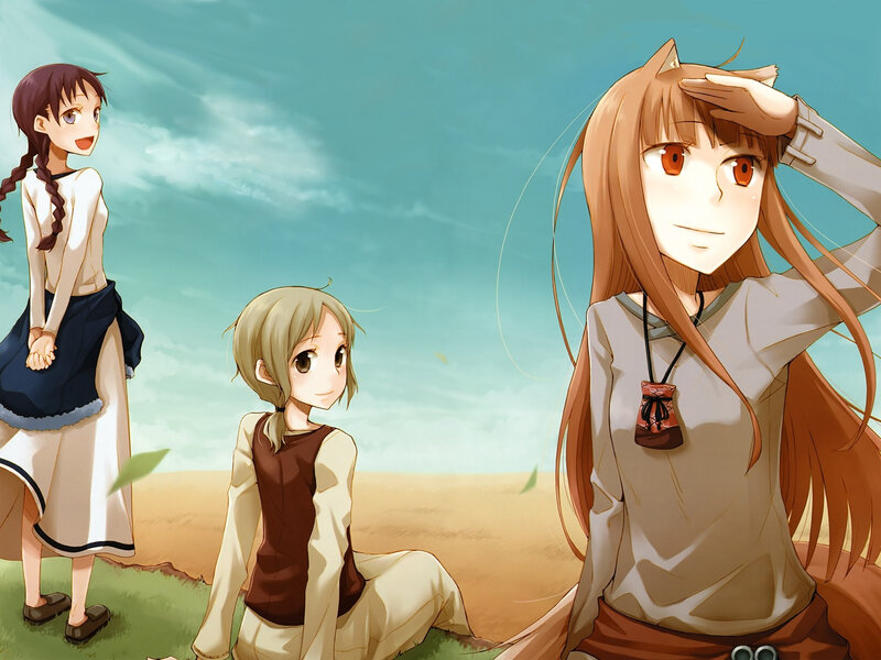 Three Girls in a Field — Blue, Serene, Afternoon, Anime